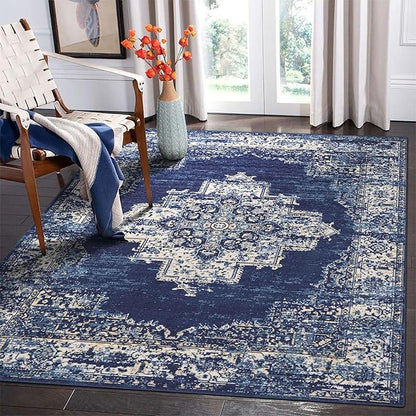 vivorug 8x10 Area Rugs for Living Room, Non-Slip Backing Washable Rug 8x10, Large Area Rug Soft Carpet for Bedroom Dining Room, Vintage, Easy Clean, Durable, Low Pile Rug Under Table, Navy Blue