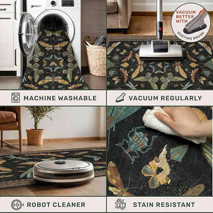 Black Boho 5ft Round Throw Rugs for Living Room - Dark Unique Insect Print Large Entryway Rug, Low Pile & Soft Carpet for Bedroom Beside Bed, Kids Playroom, Non Slip Stain Resistant Home Décor