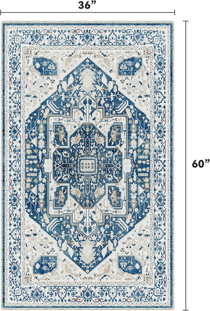 EnHomee 3x5 Washable Area Rugs for Bedroom, Boho Vintage Rugs, Foldable Area Rug for Dining Room, Non-Slip Soft Living Room Rug, Low Pile Large Carpet for Bathroom, Blue and White