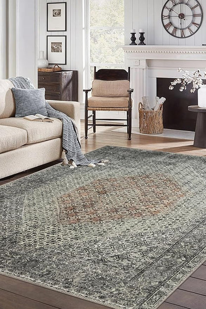 Keen Home Design 8x10 Rug - Machine Washable Area Rug with Non-Slip Backing, Ideal for Living Room, Dining Room, Bedroom - Vintage, Easy Clean, Durable, Low Pile - (8' x 10')