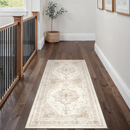Runner Rug 2x5 Cream Hallway Washable Beige Carpet Non Slip Vintage Medallion Beige Carpet Low Pile Soft Distressed Retro Indoor Long Rug for Entryway Kitchen Bathroom Laundry Bedroom