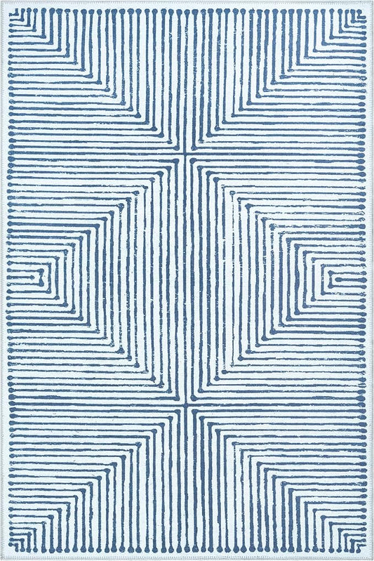 Bloom Rugs Washable Non-Slip 2' x 3' Rug - Blue/Ivory Striped Area Rug for Living Room, Bedroom, Dining Room, and Kitchen - Exact Size: 2' x 3'