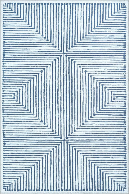 Bloom Rugs Washable Non-Slip 6' x 9' Rug - Blue/Ivory Striped Area Rug for Living Room, Bedroom, Dining Room, and Kitchen - Exact Size: 6' x 9'