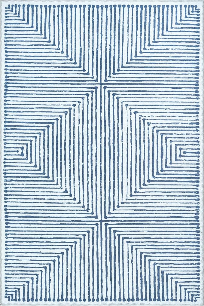 Bloom Rugs Washable Non-Slip 4' x 6' Rug - Blue/Ivory Striped Area Rug for Living Room, Bedroom, Dining Room, and Kitchen - Exact Size: 4' x 6'