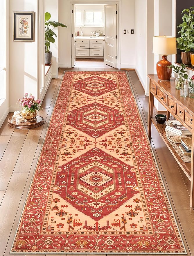 SERISSA Runner Rug for Hallways, 2'6"x10' Washable Non Slip Kitchen Runner Rug, Long Boho Rug Vintage Red Beige Hallway Stair Ultra Soft Print Floor Carpet for Bedroom Bathroom Laundry Room