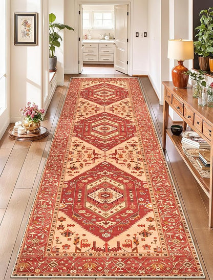 SERISSA Runner Rug for Hallways, 2'6"x10' Washable Non Slip Kitchen Runner Rug, Long Boho Rug Vintage Red Beige Hallway Stair Ultra Soft Print Floor Carpet for Bedroom Bathroom Laundry Room