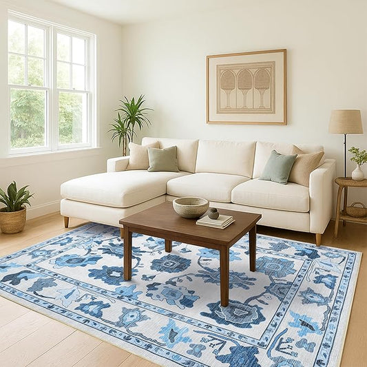 Fame Living Navy Blue Oushak Rug, Modern, Vintage, Turkish, Eclectic, Floral, Pastel, Washable, Area Rugs for Living Room, Dining, Bedroom, Office, Entryway, Foyer, Playroom, Nursery, 5'x6'9"
