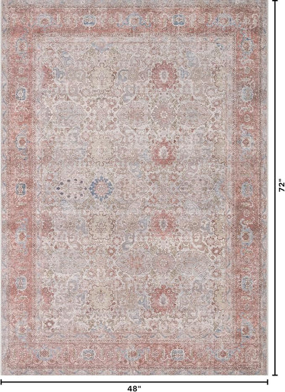 Kuden 4x6 Area Rug, Machine Washable Area Rug with Non-Slip Backing, Vintage Style, Soft, Easy Clean, Low Pile Rug for Living Room, Bedroom, Dining Room