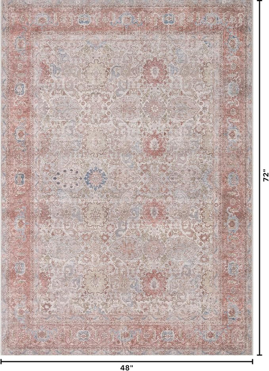 Kuden 4x6 Area Rug, Machine Washable Area Rug with Non-Slip Backing, Vintage Style, Soft, Easy Clean, Low Pile Rug for Living Room, Bedroom, Dining Room
