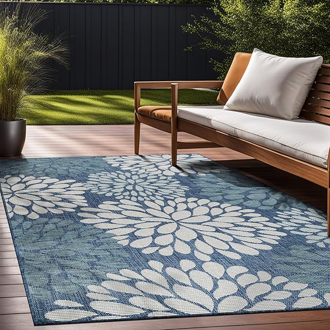 Beverly Rug Outdoor Rug 10x14 Modern Exotic Tropical Leaf Area Rugs for Indoor and Outdoor Patio Deck Porch Garden Water Resistant Washable Outside Carpet (10 x 14 Blue)
