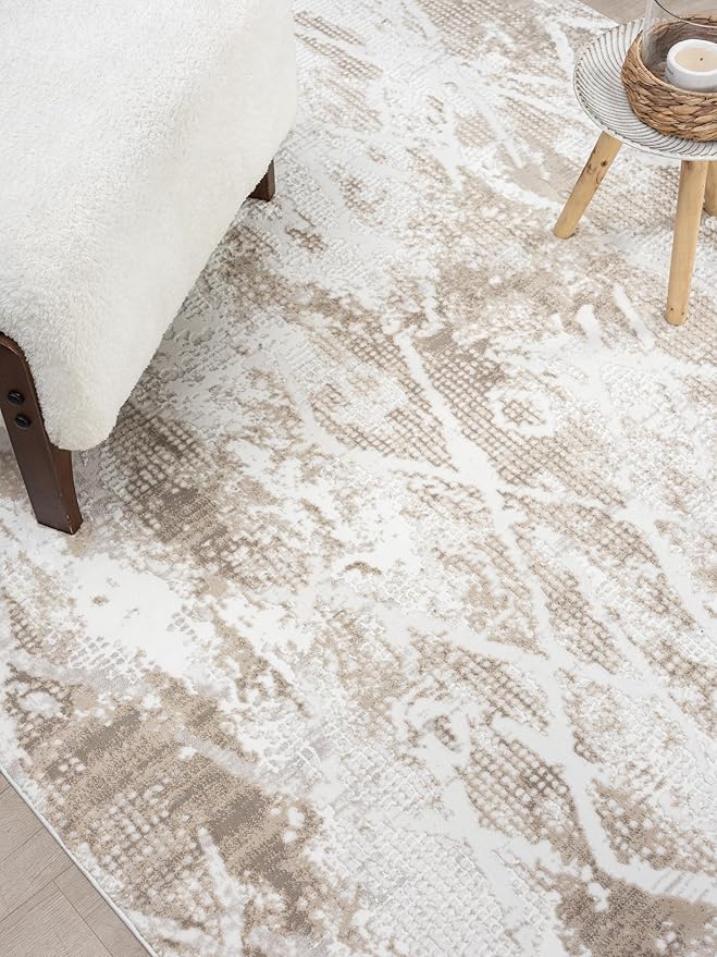Adel Modern Area Rug for Living Room, 5x7 Rustic Distressed Abstract Beige Neutral Rug, Medium Pile Stain Resistant Carpet for Bedroom, Dining Room or Kitchen (5' x 7', Beige)