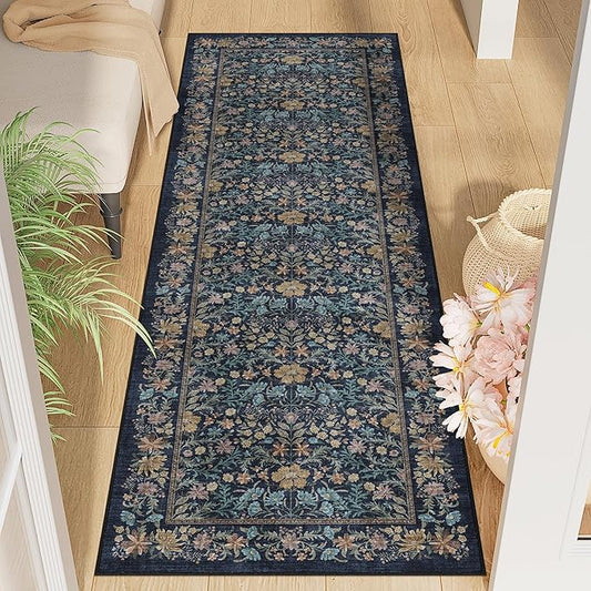 DUKINO 2x6 Runner Rug for Hallway, Washable Vintage Floral Kitchen Rug with Non Slip Backing, Soft Low Pile Throw Carpet Runner for Kitchen, Laundry, Hallway, Bathroom, Dark Blue
