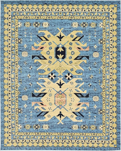 Unique Loom Taftan Collection Border Geometric Tribal Inspired Design Area Rug (8' 0 x 10' 0 Rectangular, Light Blue/ Gold)