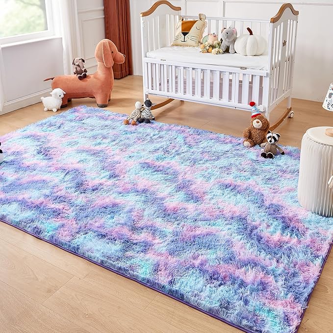 Andency Soft Area Rugs for Living Room Bedroom, 3x5 Non-Slip Fluffy Shag Carpet, Indoor Floor Fuzzy Shaggy Living Room Plush Rug for Kids Dorm Nursery Home Decor Aesthetic, Tie-Dyed Unicorn Rainbow