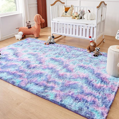 Andency Soft Area Rugs for Living Room Bedroom, 4x6 Fluffy Shaggy Bedside Rug, Non-Slip Large Shag Fuzzy Plush Carpets for Bedroom Kids Dorm Nursery Home Decor Aesthetic, Tie-Dyed Unicorn Rainbow