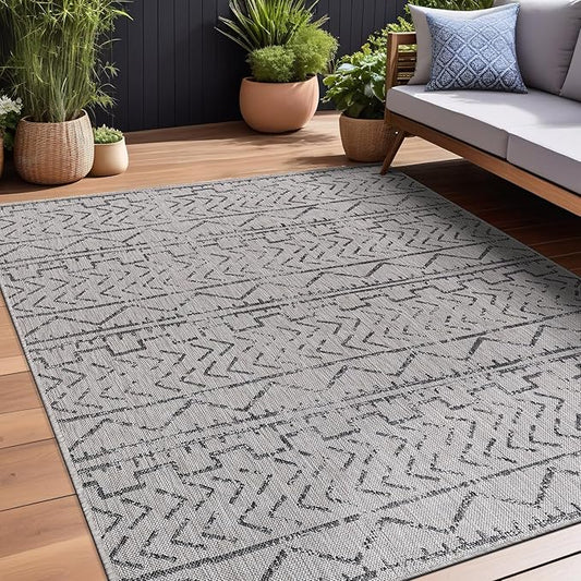 Beverly Rug Waikiki Indoor Outdoor Rug 6x9, Washable Outside Carpet for Patio, Deck, Porch, Trellis Area Rug, Water Resistant, Dark Grey - Light Grey