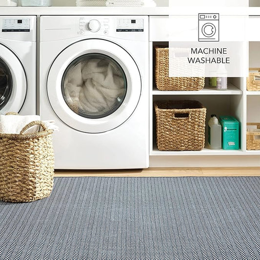 Dash and Albert Herringbone Machine Washable Area Rug - 2' x 3' Navy - Geometric Accent Rug - Anti-Slip Backing, Lightweight, Machine Washable, High Traffic Areas Kitchen, Mudroom, Laundry Room