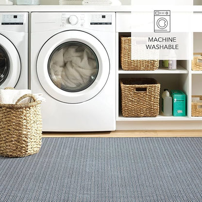 Dash and Albert Herringbone Machine Washable Area Rug - 5' x 8' Navy - Geometric Accent Rug - Anti-Slip Backing, Lightweight, Machine Washable, High Traffic Areas Kitchen, Mudroom, Laundry Room