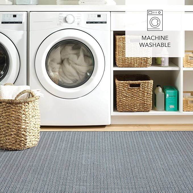 Dash and Albert Herringbone Machine Washable Area Rug - 6' x 9' Navy - Geometric Accent Rug - Anti-Slip Backing, Lightweight, Machine Washable, High Traffic Areas Kitchen, Mudroom, Laundry Room