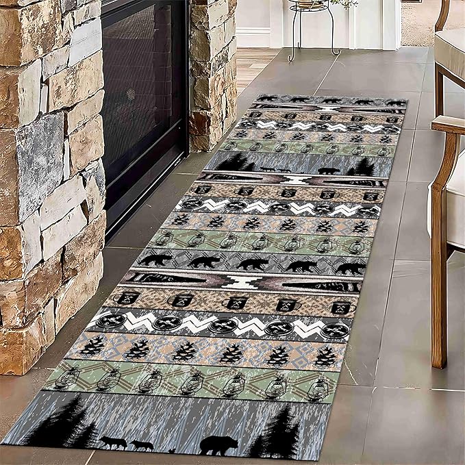 Bear Rug for Runner Rug, 2x6ft, Rustic Black Bear Wood Saw Compass Pine Oil Lamp Pattern Long Runner Rug, Camping Theme Multi-Color Stitching Non-Slip Floor Carpet, Cabin Style Home Decoration