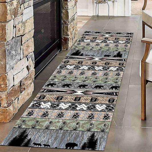 Bear Rug for Runner Rug, 4x12ft, Rustic Black Bear Wood Saw Compass Pine Oil Lamp Pattern Long Runner Rug, Camping Theme Multi-Color Stitching Non-Slip Floor Carpet, Cabin Style Home Decoration