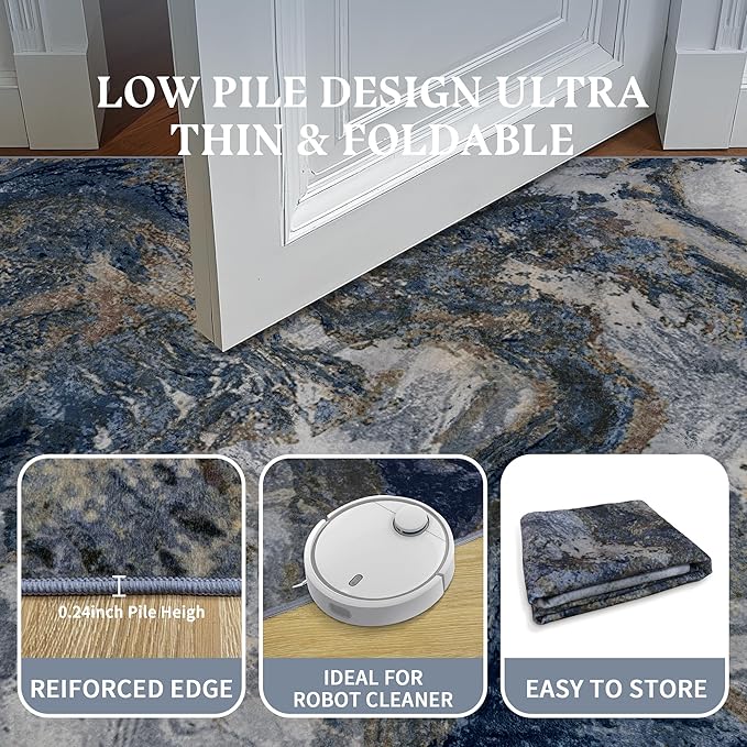 Washable Rug for Living Room: Abstract 8x10 Area Rugs for Bedroom Dining Room Low Pile Non-Slip - Stain Resistant Large Carpet Indoor - Modern Marble Blue Gold