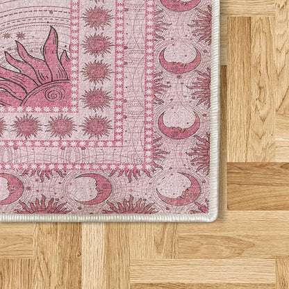 Ambesonne Sun and Moon Decorative Rug, Bohemian Artwork Design of Crescent Solar Ornament Esoteric Stars Ornaments, Quality Carpet for Bedroom Dorm and Living Room, 2' 2" x 3' 7", Pink