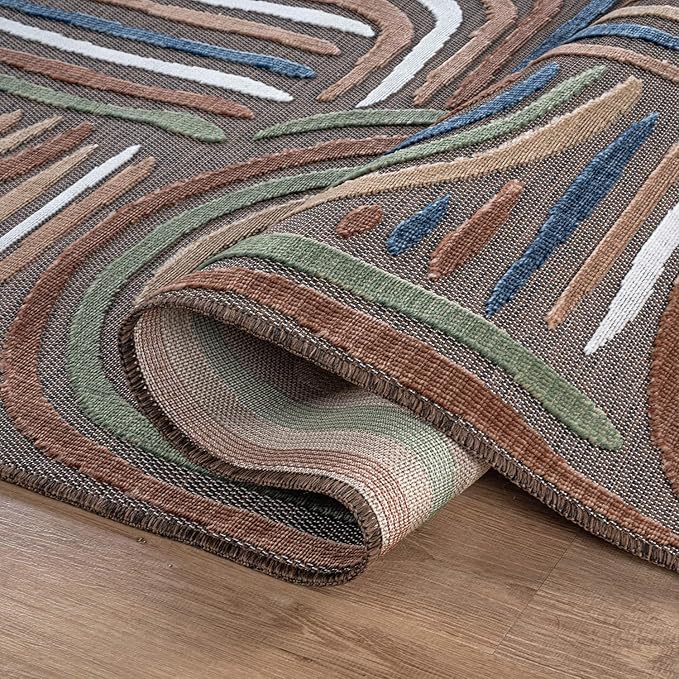 CAMILSON Indoor Outdoor Rug, Brown 8x10 Geometric Arch Striped Area Rugs for Patio and Home Areas, Easy-Cleaning Non-Shedding Living Room, Garden and Deck Washable Outside Carpet (8 x 10)