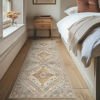 Bavni Kitchen Rug 2x5 Runner Rugs for Hallways Entryway, Washable Vintage Print Carpet, Ultra-Thin Chenille Low Pile Lightweight Rug with Non Slip Backing, Tan/Grey