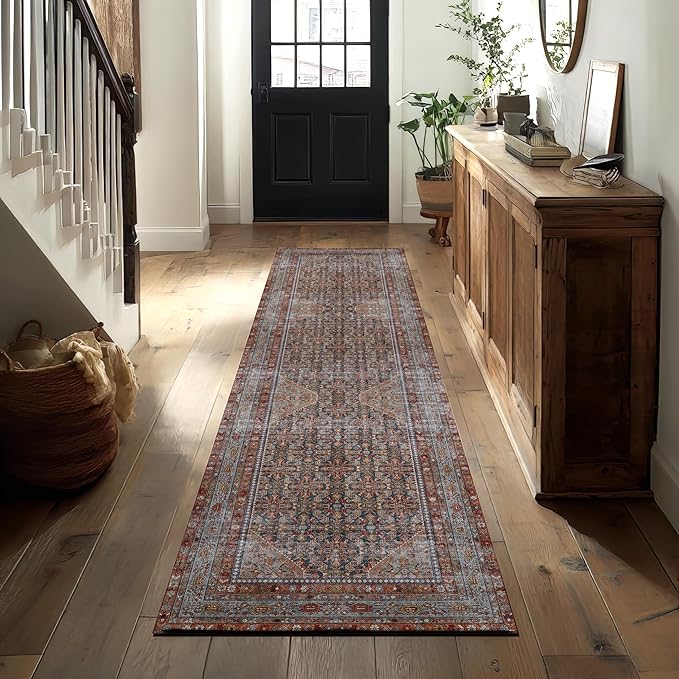 Kuden 2'6"x10 Runner Rug, Machine Washable Area Rug with Non-Slip Backing, Vintage Style, Soft, Easy Clean, Low Pile Rug for Hallway, Entryway, Kitchen, Bedroom