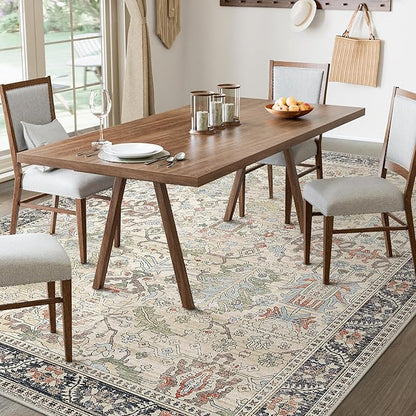 Bavni Area Rugs 9x12 Living Room Clearance Washable Large Carpet for Bedroom Non-Slip, Ultra Thin Low Pile Modern Printed Decorative Rug for Dinning Room Office, Ivory/Teal