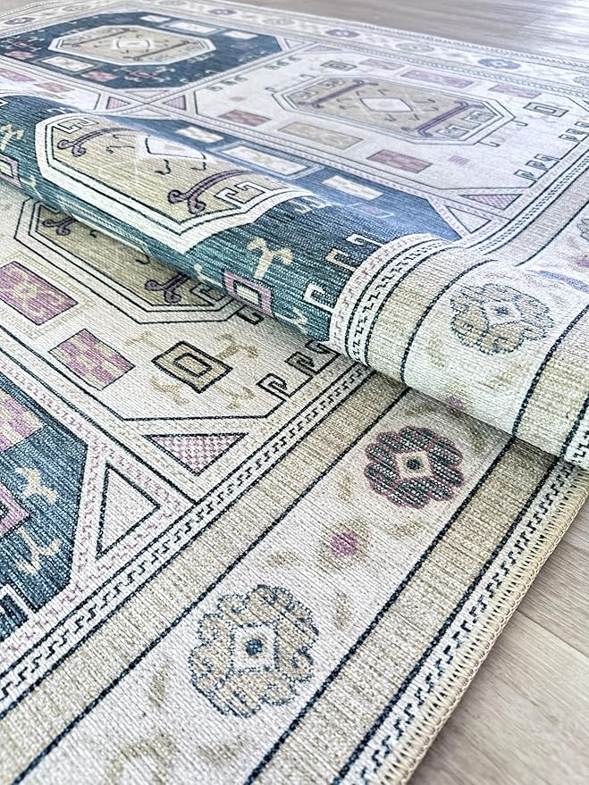 Fame Living Faded Oushak Rug, Turkish Vintage Floral Pastel Large Oversized Area Rugs for Living Room Dining Bedroom Kitchen Bathroom Nursery (848CrNv, 5' x 6'9")