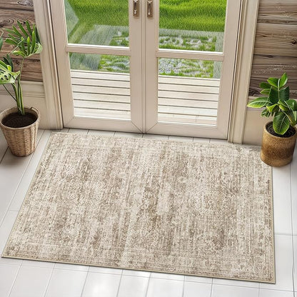 2x3 Washable Rugs for Kitchen, Floor, Entryway, Powder Room Small Area Rug Non-Slip Vintage Low Pile Throw Door Mat Brown