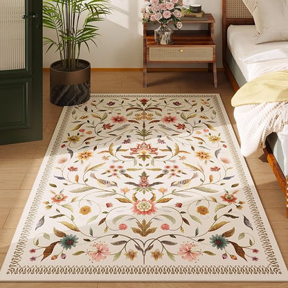 Vintage Medallion Floral 3x5 Washable Rug, Soft Low Pile Area Rug, Non-Slip Carpet for Bedside, Bedroom, Bathroom, Entryway, Kitchen, Office, Kids/Girls Room | Beige
