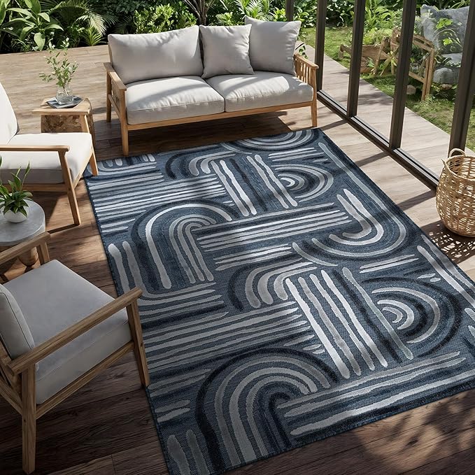CAMILSON Indoor Outdoor Rug, Navy Blue 10x14 Geometric Arch Striped Large Area Rugs for Patio and Home Areas, Easy-Cleaning Non-Shedding Living Room, Garden and Deck Washable Outside Carpet 10 x 14