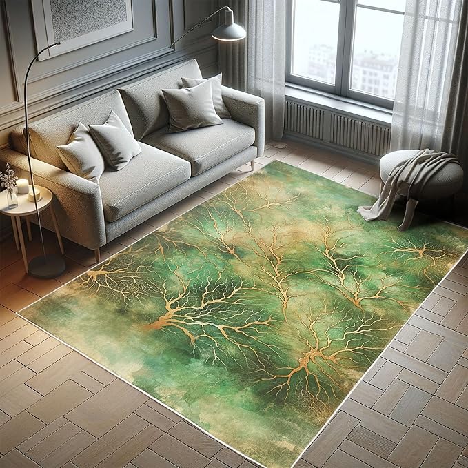 Ambesonne Abstract Decorative Rug, Autumn Leafless Branches with Watercolor Look Dreamy Back Jungle Tones, Quality Carpet for Bedroom Dorm and Living Room, 2' 2" x 3' 7", Jade Green Pale Coffee