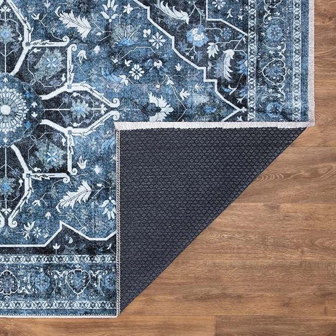 Bloom Rugs Caria Washable Non-Slip 7 ft Runner - Blue/Charcoal Traditional Runner for Entryway, Hallway, Bathroom, and Kitchen - Exact Size: 2'6" x 7'