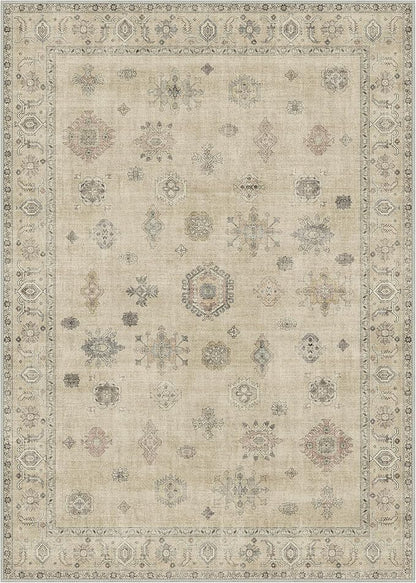 GENIMO 5x7 Area Rugs for Living Room, Machine Washable Non Slip Vintage Retro Rugs, Low Pile Lightweight Chenille Print Rug for Bedroom, Dining Room, Home Office, Sage