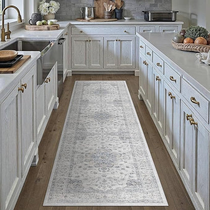 HUGEAR Machine Washable Hallway Runner Rugs 2x8 Vintage Blue Neutral Style Non Slip Stain Resistant Low Pile Throw Carpet for Bedroom Kitchen Retro Aesthetic Modern Decor