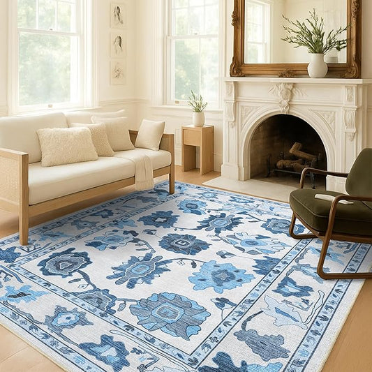 Fame Living Navy Blue Oushak Rug, Modern, Vintage, Turkish, Eclectic, Floral, Pastel, Washable, Area Rugs for Living Room, Dining, Bedroom, Office, Entryway, Foyer, Playroom, Nursery, 5'x6'9"