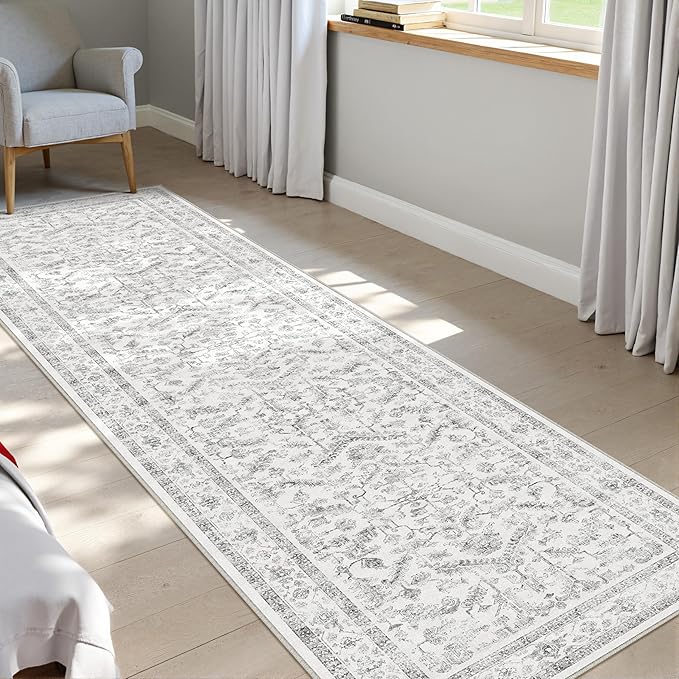 Grey 2x5 Runner Rug Vintage Area Carpet Hallway Indoor Kitchen Washable Low Pile Traditional Distressed Retro Accent Throw Rug Non Slip for Laundry Bathroom Office
