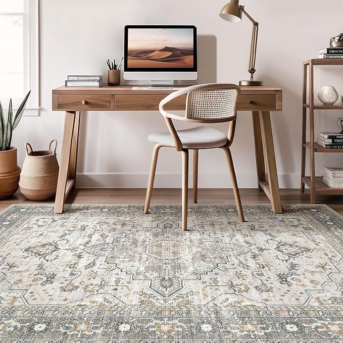 7x9 Area Rug Living Room: Washable Boho Large Neutral Vintage Soft Rugs Stain Resistant Distressed Farmhouse Non-Slip Indoor Floor Carpet for Bedroom Nursery Kids Office Dining Room- Taupe