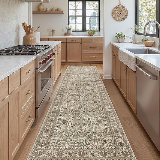Bavni2'6''x10 Rug Runners for Hallways, Washable Runner Rug Non Slip,Vintage Floral Print Style Rugs for Bedroom-Lightweight Low Pile Carpet for Hallways Bathroom, Dark Espresso