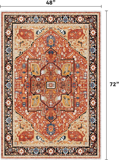 EnHomee 4x6 Washable Area Rugs for Bedroom, Boho Vintage Rugs, Foldable Area Rug for Dining Room, Non-Slip Soft Living Room Rug, Low Pile Large Carpet for Bathroom, Red