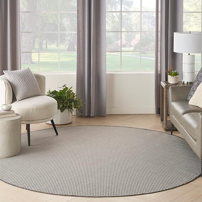 Nourison Home Courtyard Ivory Charcoal 8' x Round Area Rug - Easy Clean, Non Shedding, Bed Room, Living Room, Dining Room, Kitchen (8' x Round)