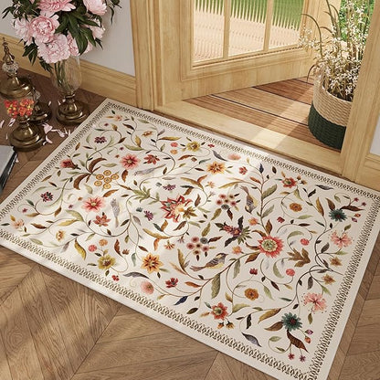Vintage Medallion Floral Indoor Door Mat 2x3, Machine Washable Entryway Rug, Low Pile Soft Small Carpet, Non-Slip Area Rug for Entrance, Bedroom, Kitchen & Kids Room | Beige