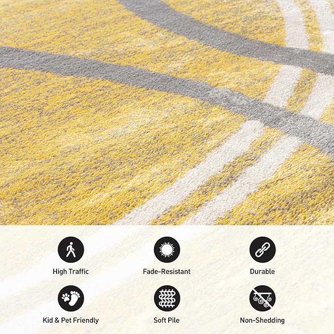 Rugshop Wavy Circles Design Area Rug, Fade-Resistant Carpet for Living Room, Bedroom, or Dining Room, Grand Room,Open Spaces Yellow, 8'8" x 12'