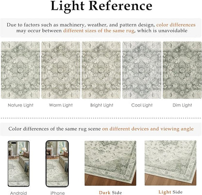 Green Area Rug 3x5 Washable Vintage Carpet Entryway Office Soft Retro Kitchen Low Pile Thin Door Mat Non Slip Oriental Medallion Throw Small Rug for Bathroom Bedroom Dining Living Room