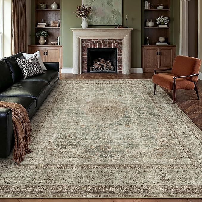Sage Area Rug 8x10 for Living Room Washable Vintage Carpet Low Pile Non Slip Distressed Soft Traditional Retro Oriental Large Accent Throw Rug Office Bedroom Dining Room Playroom