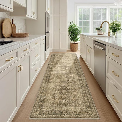 FMFUNCTEX 3x12 Runner Rug Brown Washable Vintage Neutral Distressed Non Slip Low Pile Indoor Carpet Soft Retro Floral Hallway Entryway Rug for Kitchen Living Room Bedroom Bathroom Laundry Bedside
